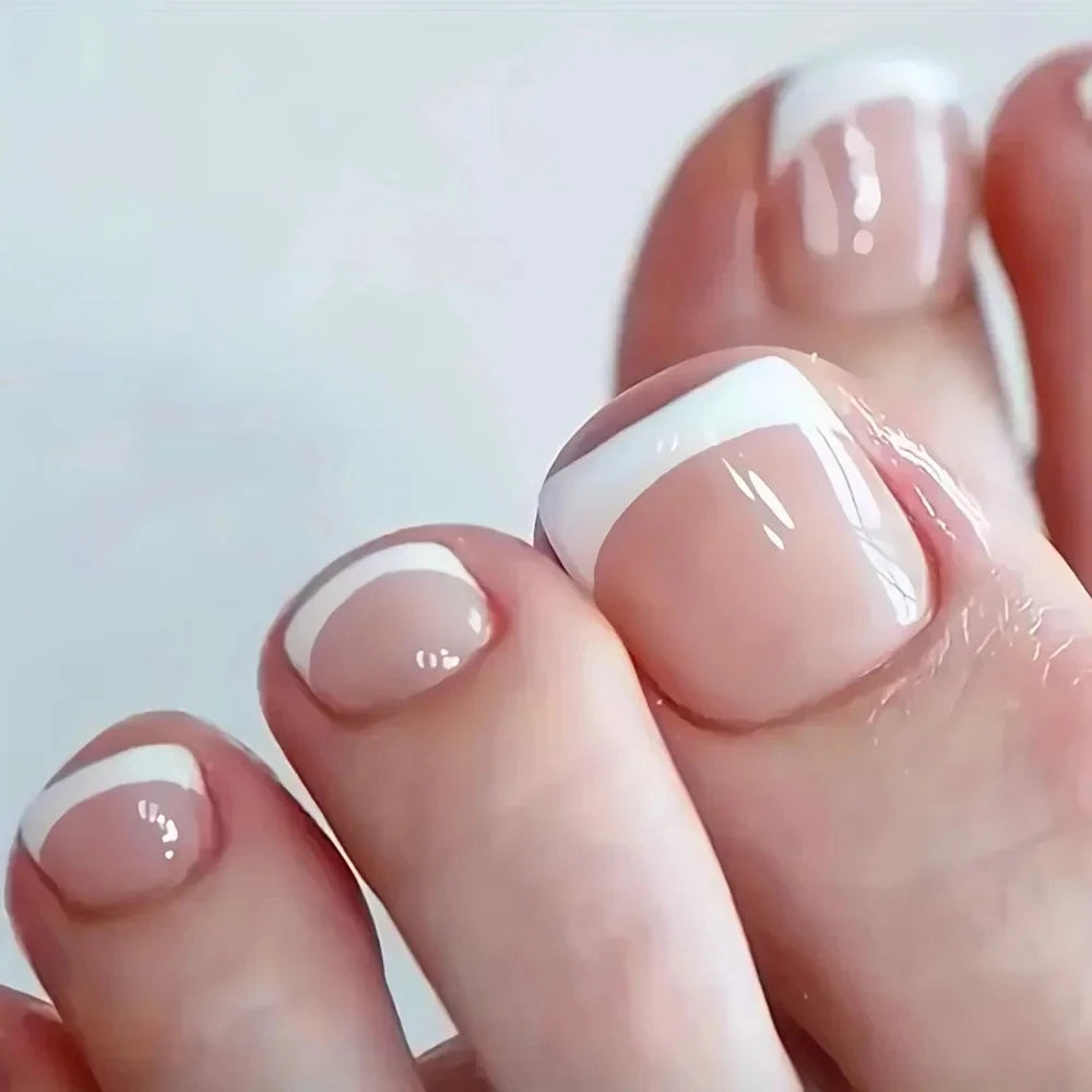 24pcs Glossy Nude Press On Toe Nails With French Edge - Smarsty