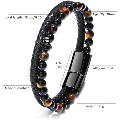 Natural Stone Leather Bracelet with Tiger Eye Beads - Smarsty