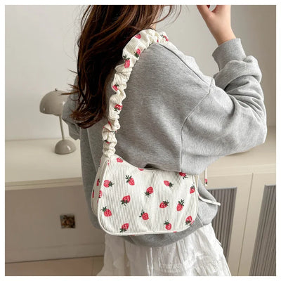 Corduroy Underarm Bag For Women Strawberry Print Mini Tote - Smarsty