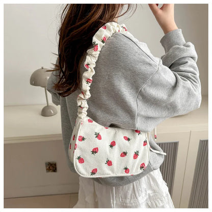 Corduroy Underarm Bag For Women Strawberry Print Mini Tote - Smarsty