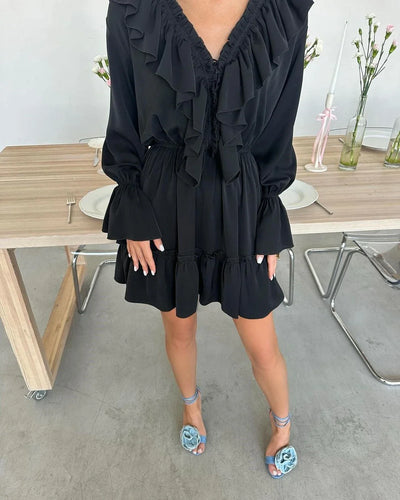 Talenza White Ruffle Bandage Mini Dress Women's Elegant Patchwork Long Sleeve Dress New Slim V Neck Lace Up Summer Mini Dress - Smarsty