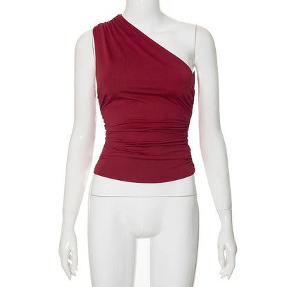 Solid Color One Shoulder Backless Shrink Tank Top T-Shirt Candy Color Tight Sexy Sleeveless Neckless Slim Casaul Top