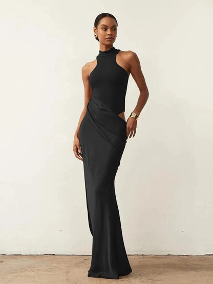JULISSA MO Satin Sexy Hollow Out Women Maxi Dress Black Sleeveless High Waist Dress Female Autumn Skinny Elegant Party Clubwear - Smarsty