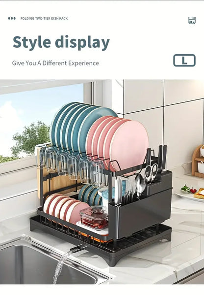 Dish Drying Rack, 2 Tier Large Dish Drying Rack for Kitchen Counter with Drainboard Stainless Steel Dish Drainer for Dish&Cup