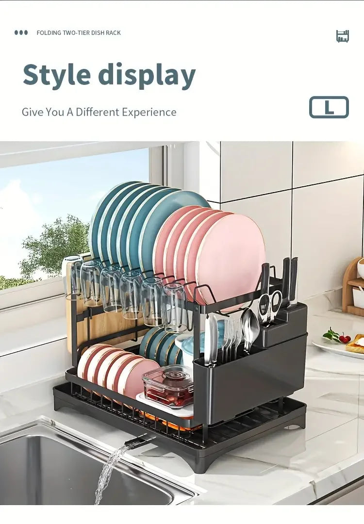 Dish Drying Rack, 2 Tier Large Dish Drying Rack for Kitchen Counter with Drainboard Stainless Steel Dish Drainer for Dish&Cup