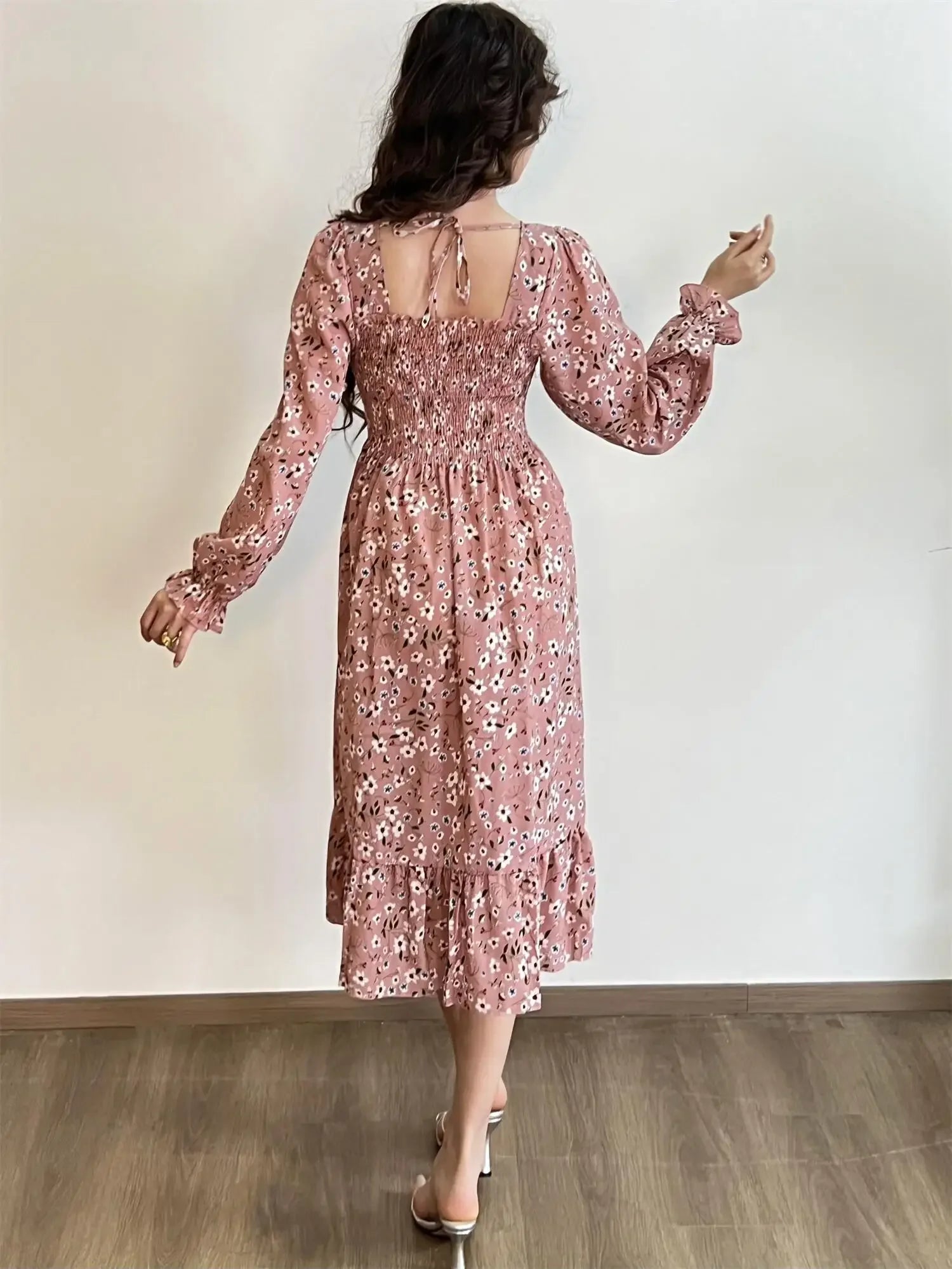 Long Sleeve Casual Dress Women Chiffon Dresses Autumn Spring A-line Printed Floral Elastic Chest Lace Up Midi Dresses Vestidos - Smarsty