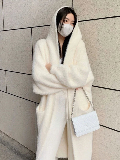 white Long Cardigan for women 2025 new winter clothes Knitted fluffy long sleeve Cashmere sweater coat korean style warm vintage - Smarsty
