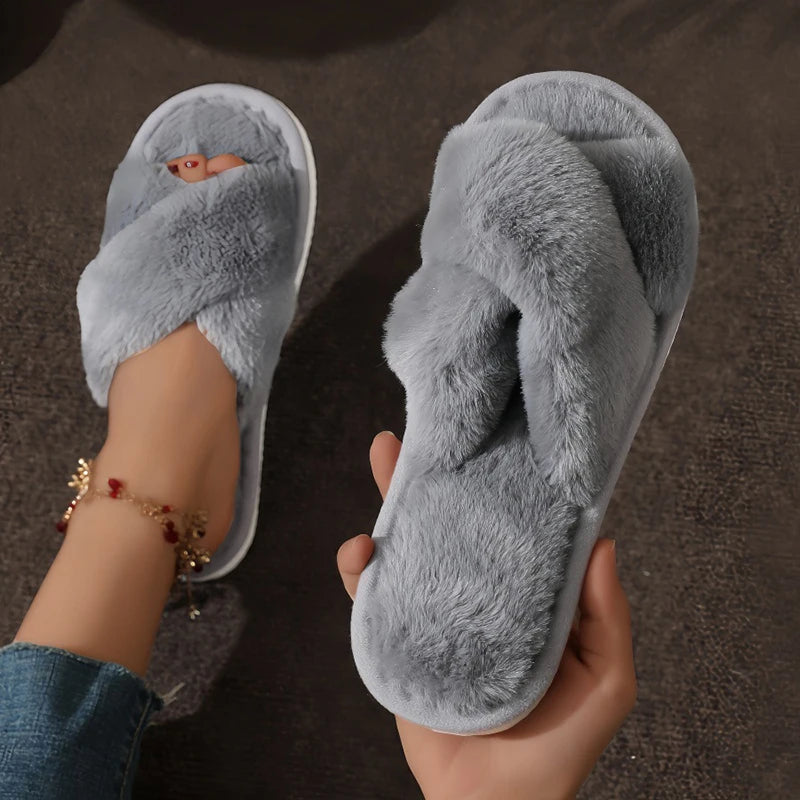Cross Warm Fluffy Furry Slippers Women Lightweight Flat Heels Fur Slides Woman Autumn Winter Open Toe Non Slip Home Floor Shoes