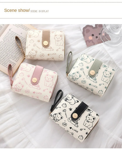 Cute Cat Coin Purse Women Fashion Short Wallet PU Leather Large Capacity Wallet Lightweight ID Card Holder Travel Cash Coin Bag - Smarsty