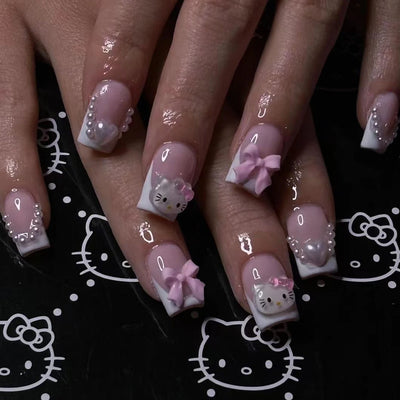 Cute Cartoon Cat Pink French Nail Set for Parties - Smarsty