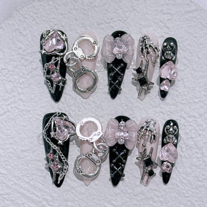 Dark Black Stiletto Press On Nails with Butterfly Design - Smarsty