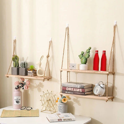 Wooden Floating Shelves for Wall Plant Flower Wood Swing Hanging Rope Storage Home Living Room Decor 1/2/3-tier by Smarsty