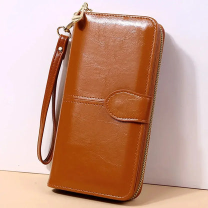 Women's Vintage Oil Wax PU Leather Clutch Wallet Female Large Capacity Phone Purse Ladies Wristband Simple Card Holder Pouch Bag - Smarsty