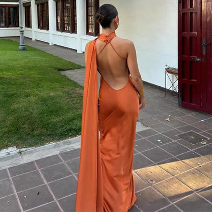 Elegant Women's Ribbon Long Satin Party Dress Halter Backless Sleeveless Female Dresses 2025 Summer Lady Solid Evening Gowns