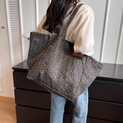 Leopard Pattern Tote Bag Vintage Canvas With Large Capacity - Smarsty