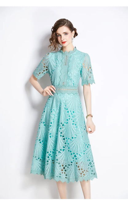 H Han Queen Spring New Elegant Casual Work Party Dresses Floral Crochet Hollow Out Lace Patchwork Casual Office Midi Dress - Smarsty