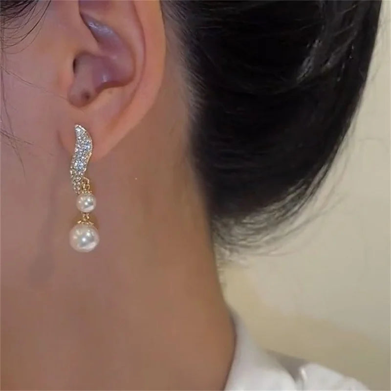 Elegant Double Pearl Dangle Earrings for Women Wedding Jewelry - Smarsty