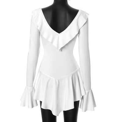 Tossy Ruffled Lace-Up White Mini Dress Women's V-Neck Patchwork Long Sleeve Sexy Slim Dress Bandage Elegant Female Summer Dress - Smarsty