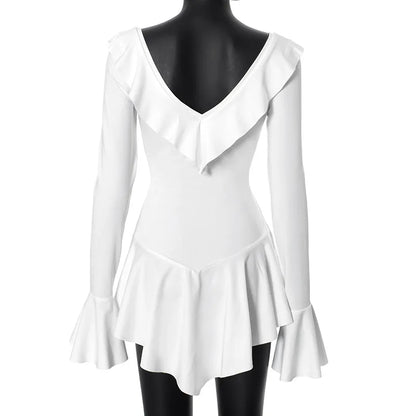Tossy Ruffled Lace-Up White Mini Dress Women's V-Neck Patchwork Long Sleeve Sexy Slim Dress Bandage Elegant Female Summer Dress - Smarsty