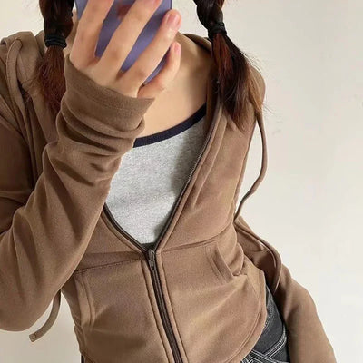 Lucyever Cropped Hooded Zip-Up Jacket Women Autumn New Slim Long Sleeve Y2K Sweatshirts Female Solid Streetwear Sports Hoodies - Smarsty