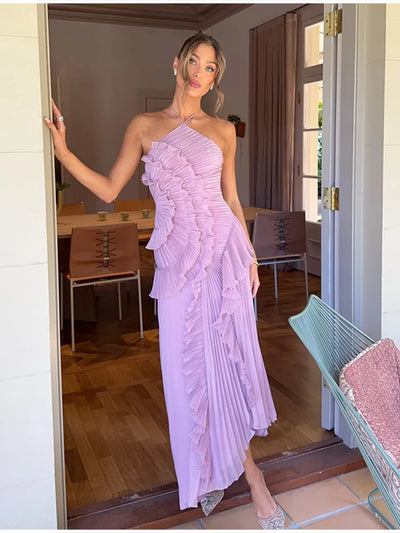 Elegant Purple Halter A Line Prom Gowns Ruffles Tiered Backless Party Gown Summer Vacation Chiffon Long Evening Dress - Smarsty