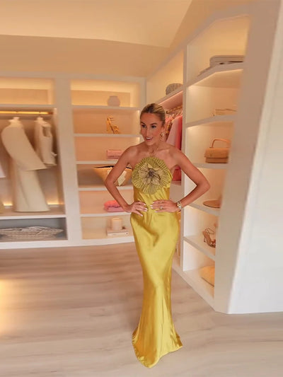 Elegant Party Women's Dress 3D Flower Halter Sleeveless Backless Mermaid Satin Female Dresses 2025 Summer Chic Evening Lady Robe - Smarsty
