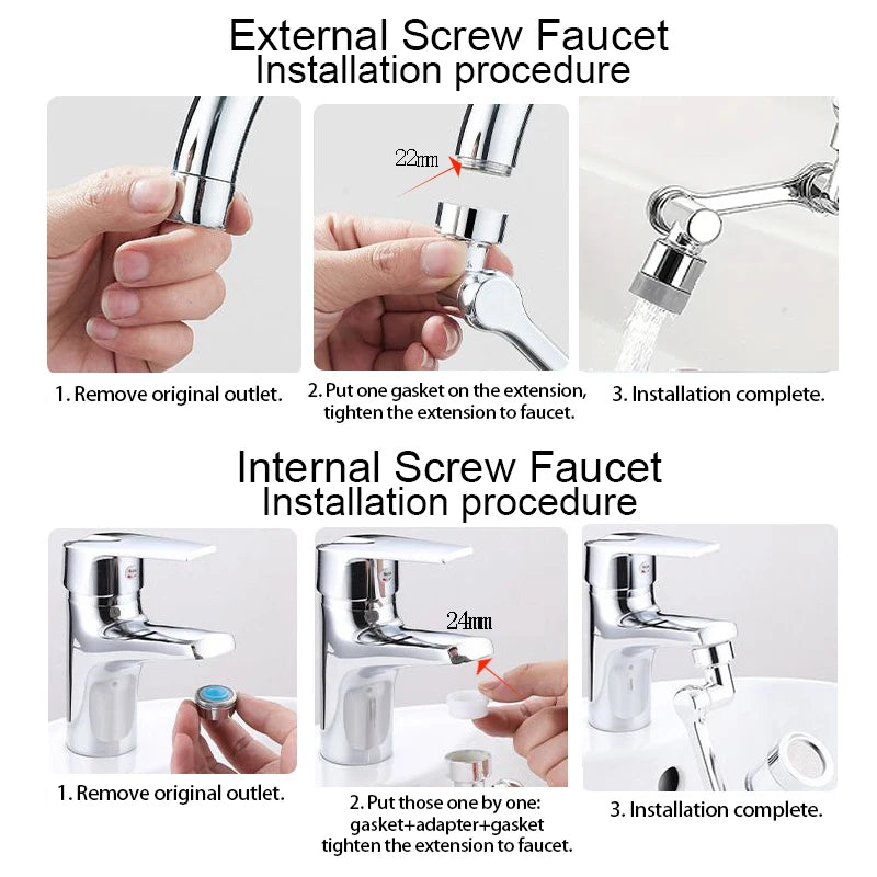 1080° Rotatable Extension Faucet Sprayer Head 2 Spray Modes Universal Bathroom Tap Extend Adapter Aerator - Smarsty