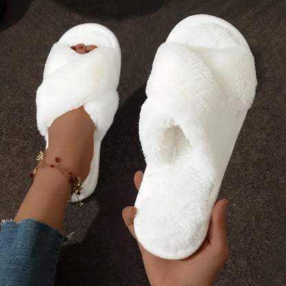 Cross Warm Fluffy Furry Slippers Women Lightweight Flat Heels Fur Slides Woman Autumn Winter Open Toe Non Slip Home Floor Shoes