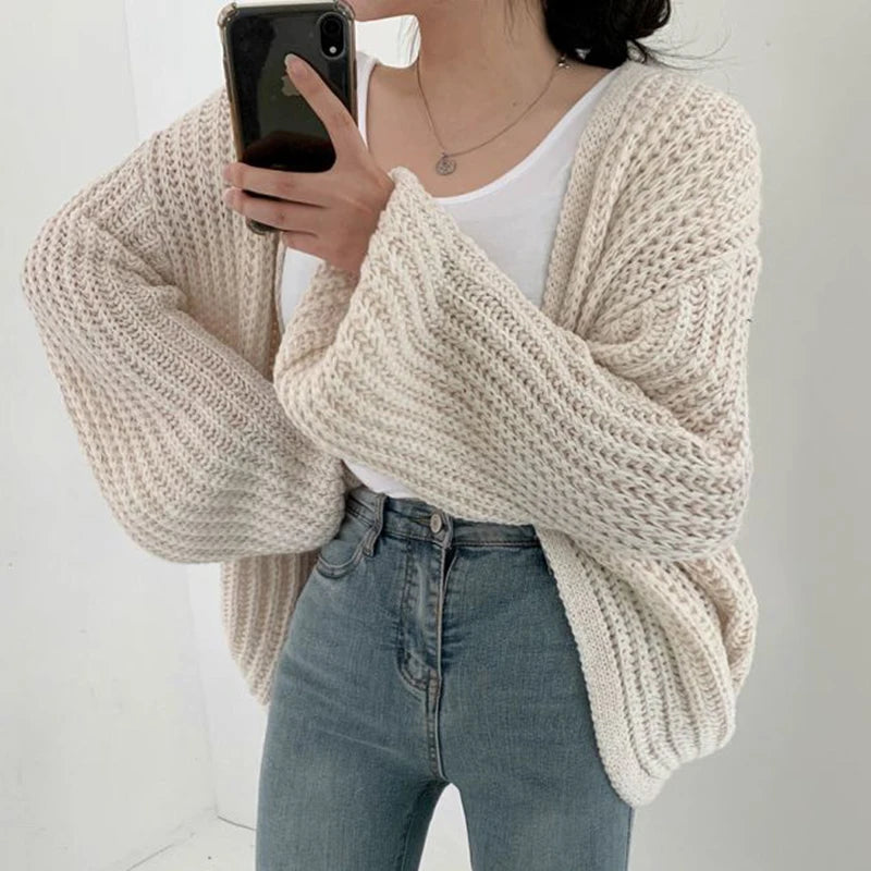 Vintage Harajuku Lantern Sleeve Women Cardigan Sweater Casual Korean Fall Streetwear Tops Coat Chic Lazy Wind Y2k Sweater - Smarsty