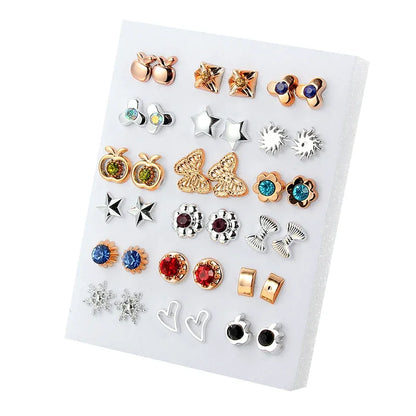 Gold and Silver Enamel Flower Heart Stud Earrings Set - Smarsty