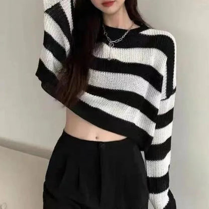 Korean Style Striped Cropped Sweater Women Vintage Oversize Knit Jumper Female Autumn Long Sleeve O-neck Pullovers Tops - Smarsty