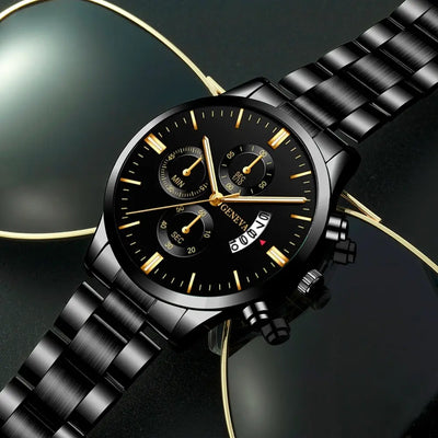 Luxury Black Stainless Steel Men's Watch with Calendar Feature - Smarsty