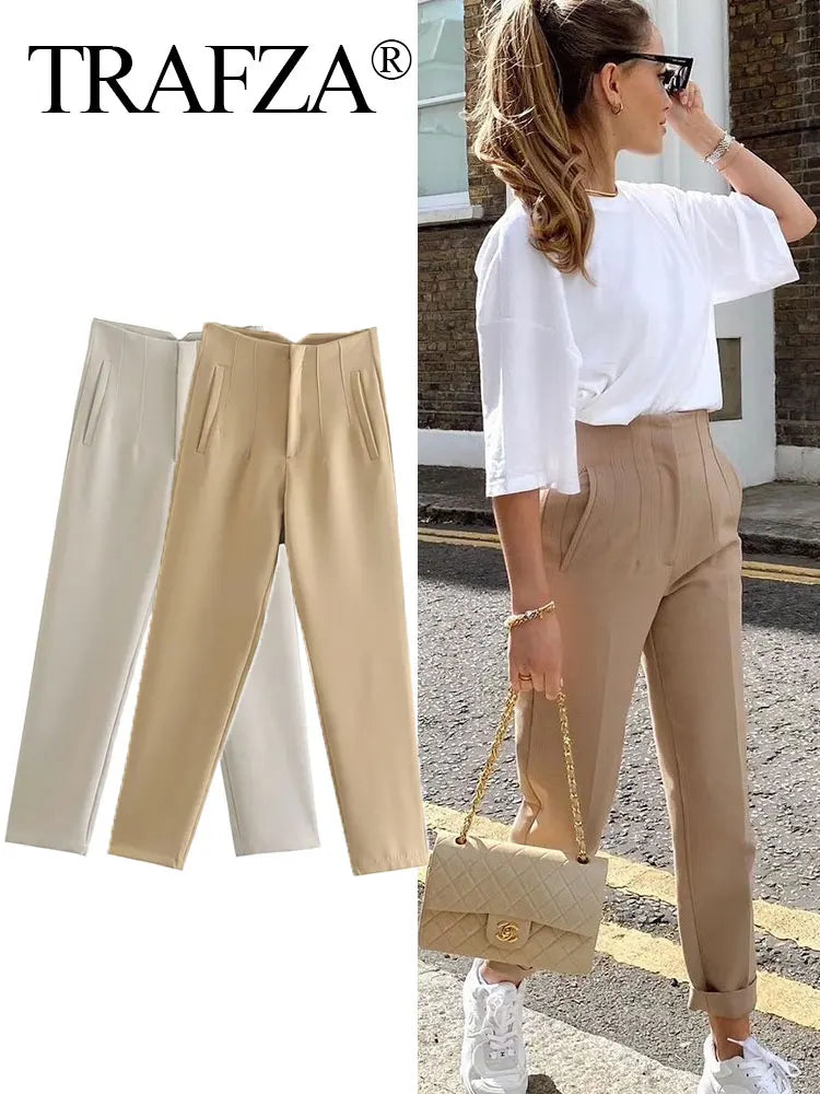 TRAFZA Women Elegant Solid Pencil Pants High Waist Pant For Women Casual Streetwear Woman Trousers Office Wear Chic Pant - Smarsty
