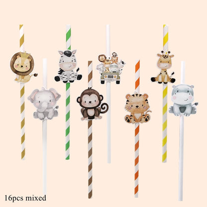 16Pcs Eco-Friendly Wild Animal Paper Straws for Kids Parties - Smarsty