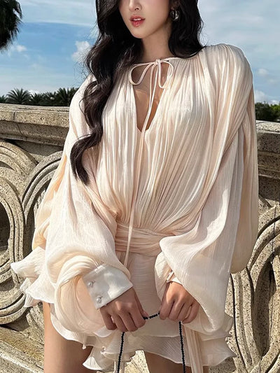 GALCAUR Solid Loose Splicd Lace Up Dresses For Women V Neck Long Sleeves Patchwork Ruffles Tunic Dreses Female Fashio New - Smarsty