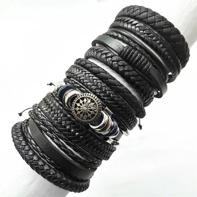 Handmade Black Leather Wrap Bracelets Set for Men and Women - Smarsty