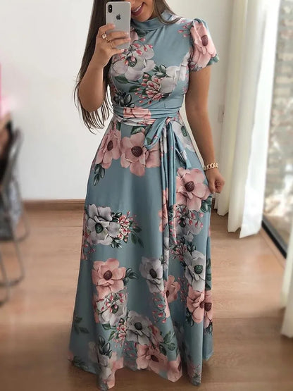 Women's Slim Dresses Casual Long Sleeve Round Neck Flower Printed Dress Strap Floor-Length Long Skirt Women's Clothing - Smarsty