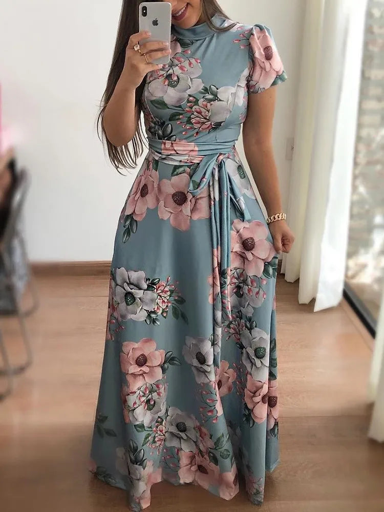 Women's Slim Dresses Casual Long Sleeve Round Neck Flower Printed Dress Strap Floor-Length Long Skirt Women's Clothing - Smarsty