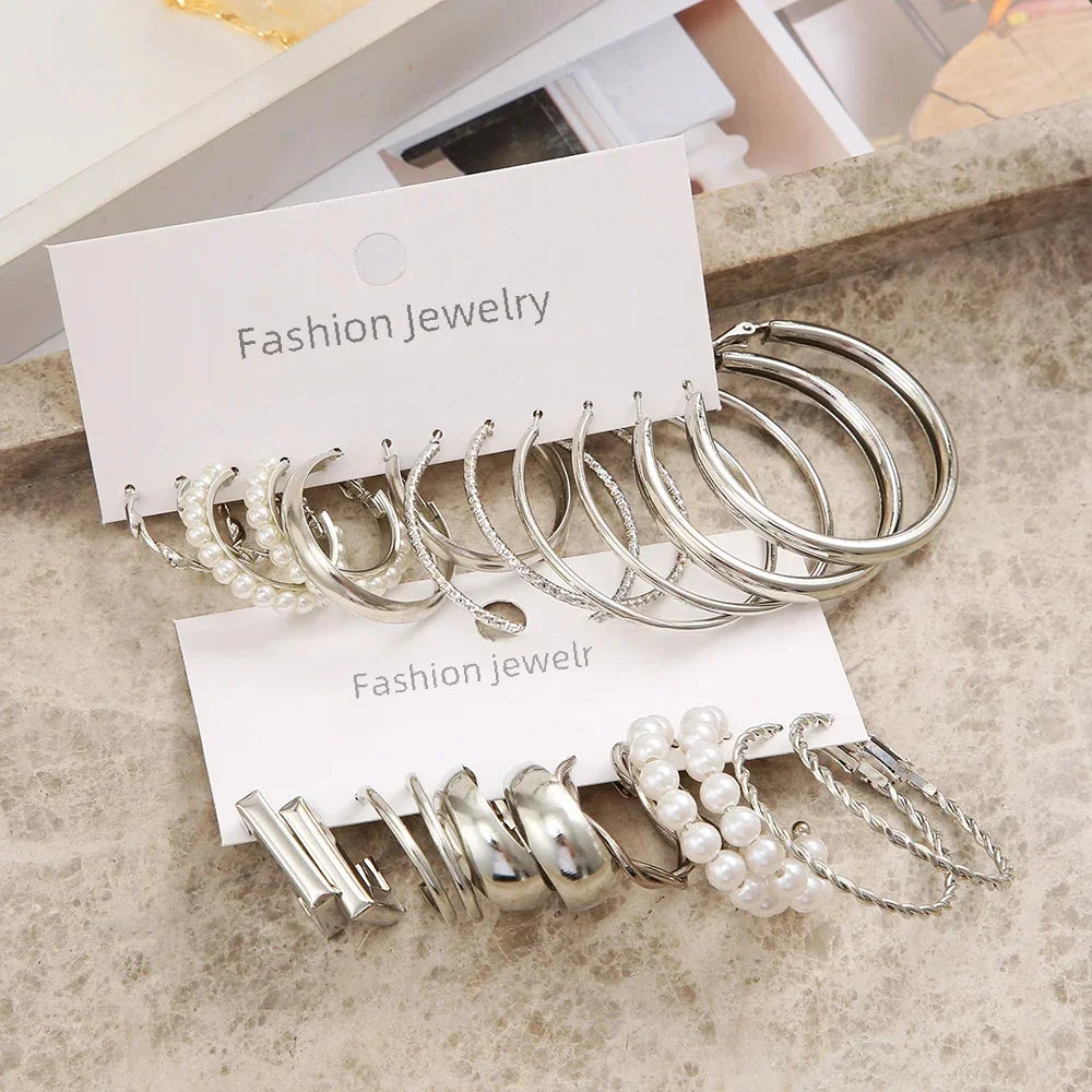 Vintage Silver Y2K Pearl Hoop Earrings Geometric Set - Smarsty