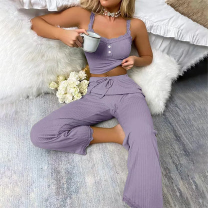 New Women's two-piece pajama set with solid color lace edging sexy slim fit suspender and pants soft and comfortable pajamas set - Smarsty