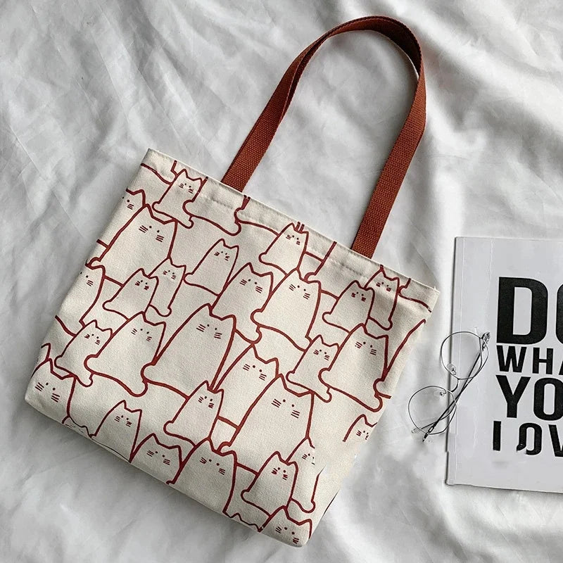 Canvas Cat Tote Bag For Women Zipper Shoulder Designer - Smarsty
