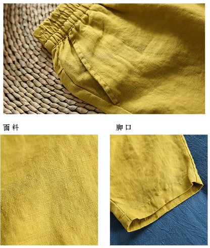 Women Summer Casual Loose Harem Elastic Waist Cotton Linen Pants Ninth Trousers - Smarsty