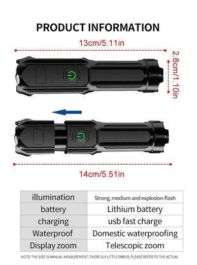 Powerful LED Flashlight Rechargeable USB 18650 Waterproof Zoom Fishing Hunting Camping 100,000 Lumens Tactical Flashlight LED FL by Smarsty
