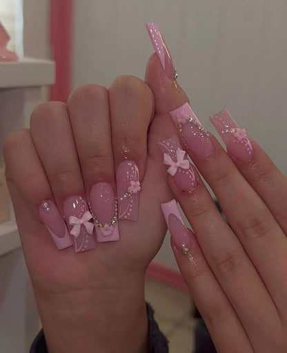 Pink Bowknot Stiletto Press On Nails 24PCS Full Cover - Smarsty