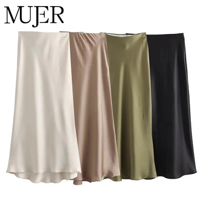 MUJER Woman 2025 Satin Skirt Women High Waist Long Skirts For Women Summer Black Midi Skirt Woman Office Elegant Women's Skirts - Smarsty
