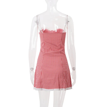 WhereMery Plaid Y2K Lace Vintage Spaghetti Strap Mini Dresses Backless Aesthetic Casual Slim Dress New Streetwear Women Vestidos - Smarsty