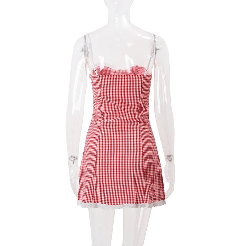 WhereMery Plaid Y2K Lace Vintage Spaghetti Strap Mini Dresses Backless Aesthetic Casual Slim Dress New Streetwear Women Vestidos - Smarsty