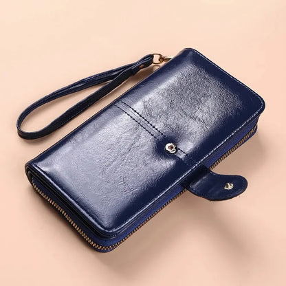 Women's Vintage Oil Wax PU Leather Clutch Wallet Female Large Capacity Phone Purse Ladies Wristband Simple Card Holder Pouch Bag - Smarsty