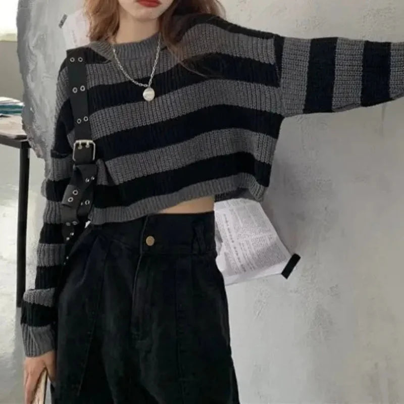 Korean Style Striped Cropped Sweater Women Vintage Oversize Knit Jumper Female Autumn Long Sleeve O-neck Pullovers Tops - Smarsty