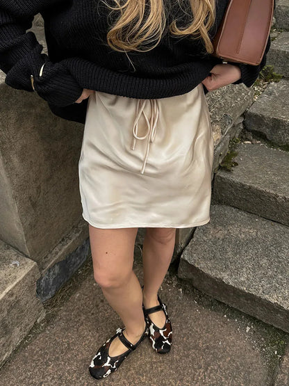 Satin Mini Skirts Women Summer Beige Silk Short Skirt For Woman Drawstring High Waist Black Satin Skirt A Line Women Short 2025 - Smarsty
